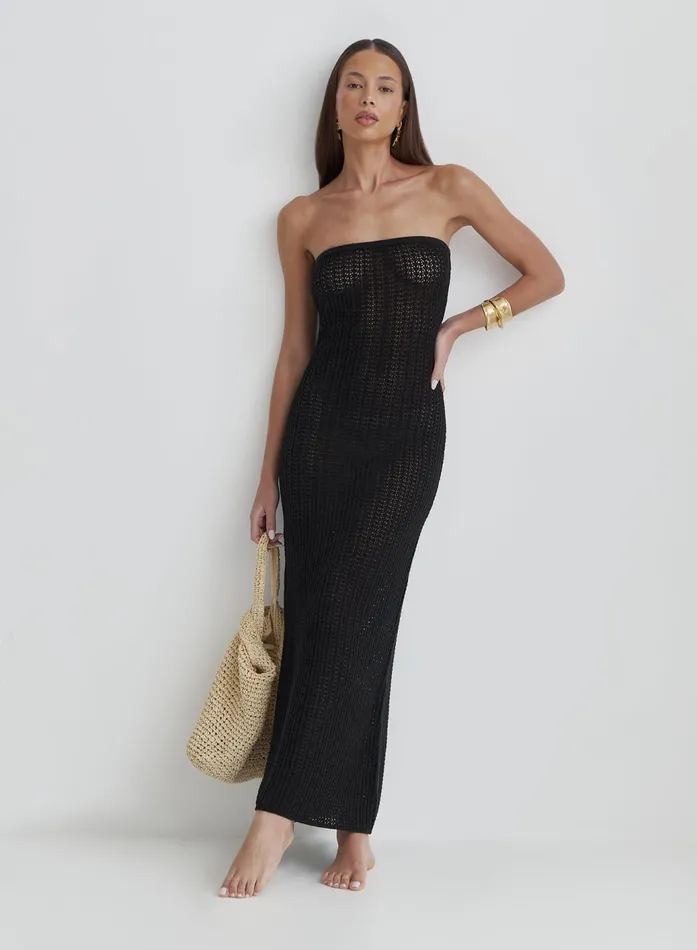 Women Black Knitted Bandeau Maxi Beach Dress Emily 4th and Reckless Knitwear
