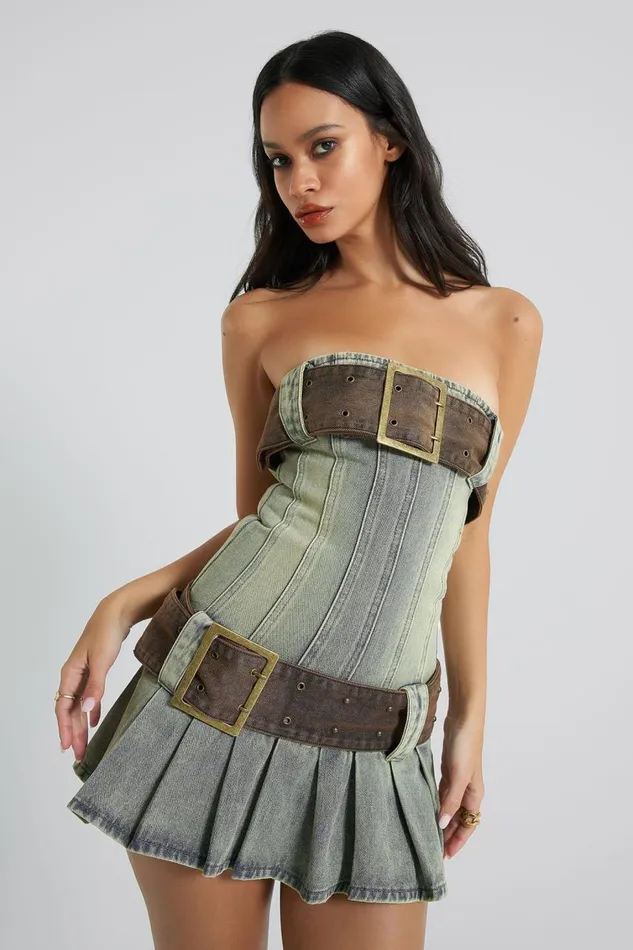 Women Blue Belted Corset Mini Denim Kilt Dress Jaded London Mini Dresses