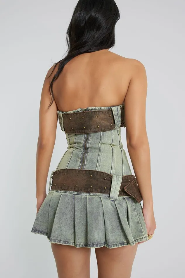 Women Blue Belted Corset Mini Denim Kilt Dress Jaded London Mini Dresses