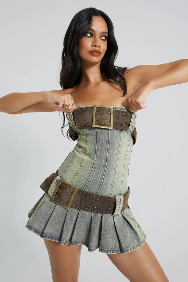 Women Blue Belted Corset Mini Denim Kilt Dress Jaded London Mini Dresses
