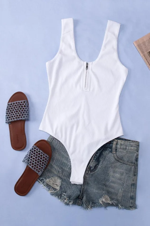 Women Bodysuits Cupshe Zelda Zip Tank Bodysuit White
