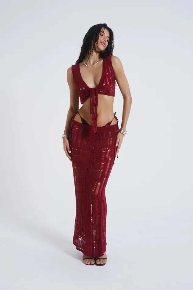 Women Burgundy Laddered Knit Maxi Skirt Jaded London Knitwear