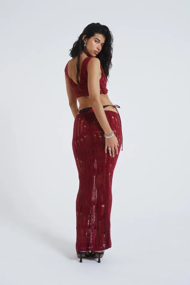 Women Burgundy Laddered Knit Maxi Skirt Jaded London Knitwear