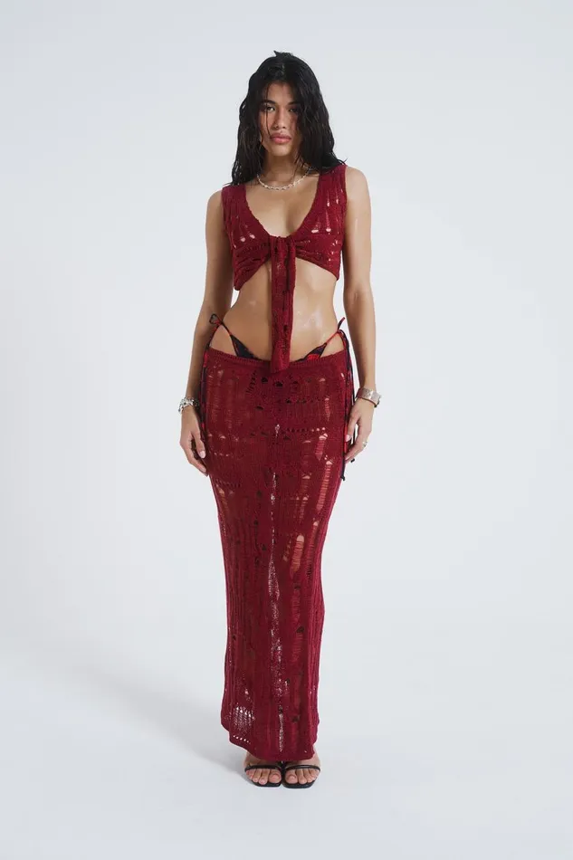 Women Burgundy Laddered Knit Maxi Skirt Jaded London Knitwear