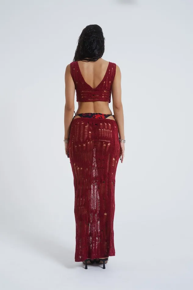 Women Burgundy Laddered Knit Maxi Skirt Jaded London Knitwear
