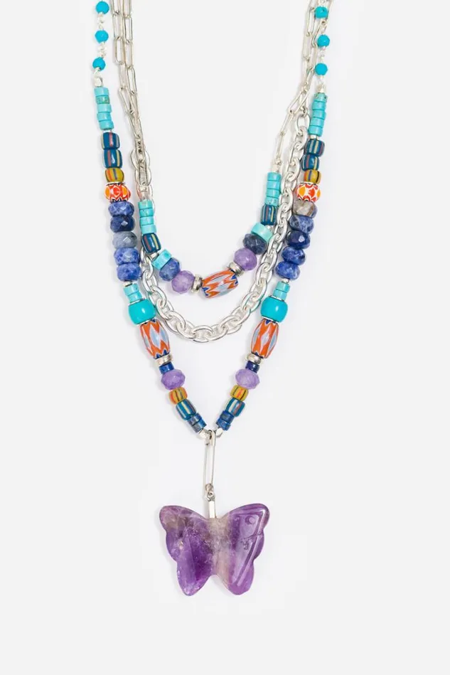 Women BUTTERFLY BEADED NECKLACE Silver Johnny Was Jewelry