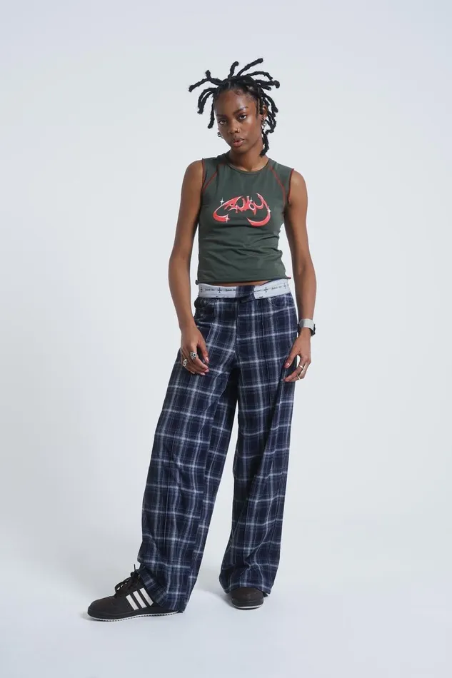 Women Check Fold Over Waist Wide Leg Trousers Jaded London Trousers and Pants
