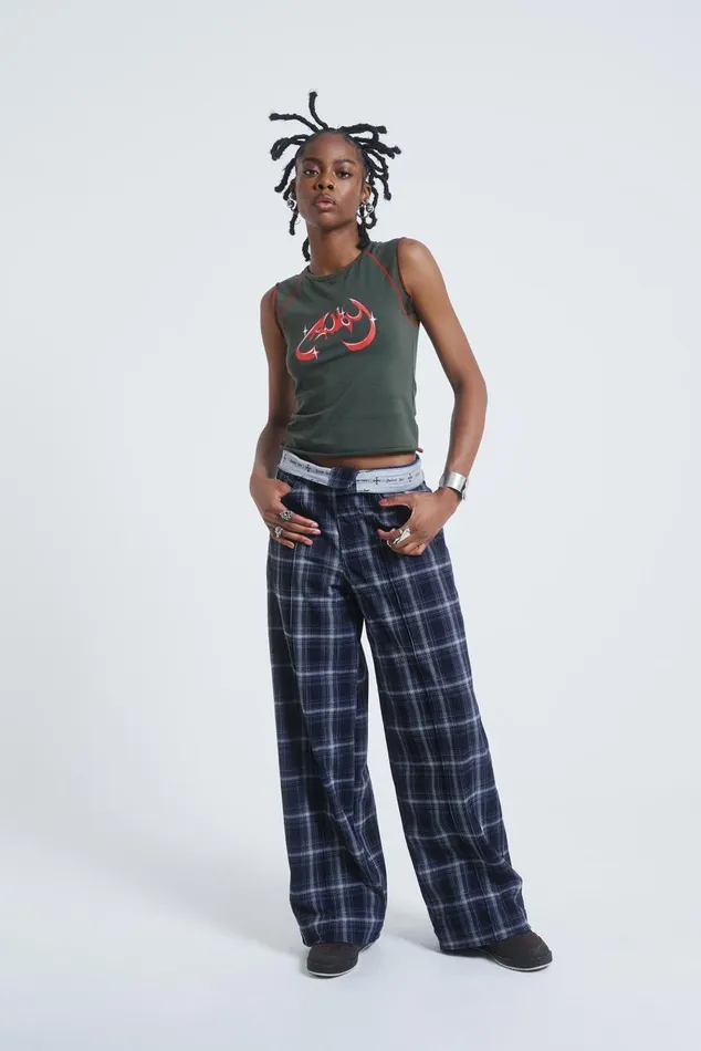 Women Check Fold Over Waist Wide Leg Trousers Jaded London Trousers and Pants