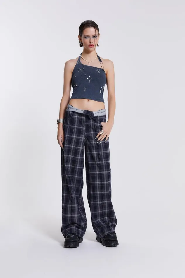 Women Check Fold Over Waist Wide Leg Trousers Jaded London Trousers and Pants