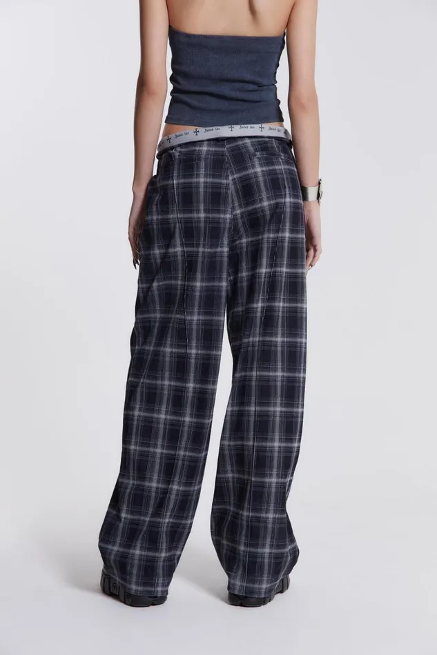 Women Check Fold Over Waist Wide Leg Trousers Jaded London Trousers and Pants