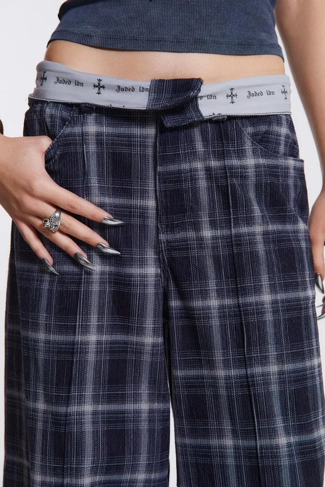 Women Check Fold Over Waist Wide Leg Trousers Jaded London Trousers and Pants