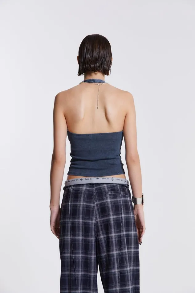 Women Check Fold Over Waist Wide Leg Trousers Jaded London Trousers and Pants
