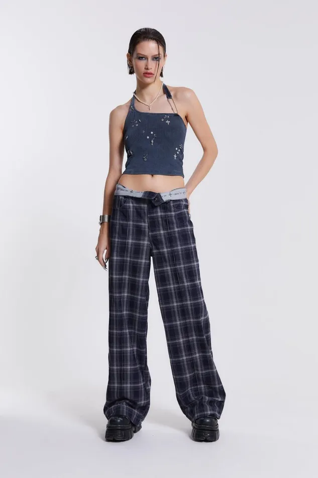 Women Check Fold Over Waist Wide Leg Trousers Jaded London Trousers and Pants