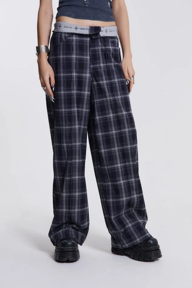 Women Check Fold Over Waist Wide Leg Trousers Jaded London Trousers and Pants