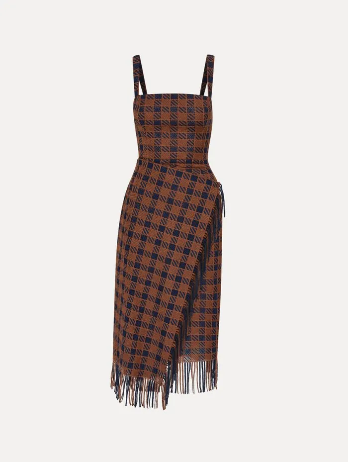 Women Check Fringe Guipure Dress Cognac Navy Oscar De La Renta Dresses