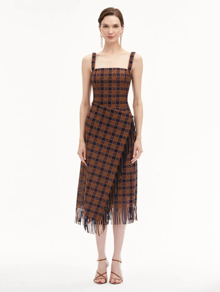 Women Check Fringe Guipure Dress Cognac Navy Oscar De La Renta Dresses Women Check Fringe Guipure Dress Cognac Navy Oscar De La Renta Dresses