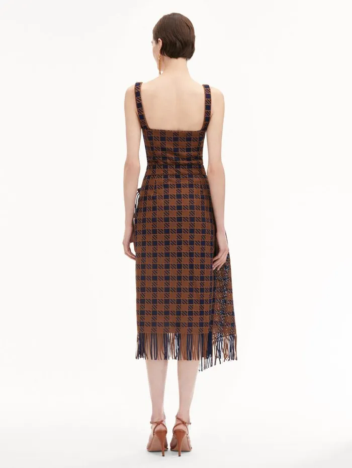 Women Check Fringe Guipure Dress Cognac Navy Oscar De La Renta Dresses Women Check Fringe Guipure Dress Cognac Navy Oscar De La Renta Dresses