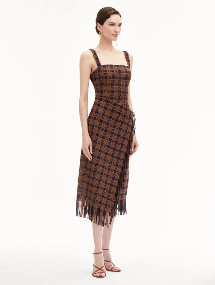 Women Check Fringe Guipure Dress Cognac Navy Oscar De La Renta Dresses Women Check Fringe Guipure Dress Cognac Navy Oscar De La Renta Dresses