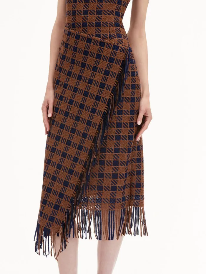 Women Check Fringe Guipure Dress Cognac Navy Oscar De La Renta Dresses Women Check Fringe Guipure Dress Cognac Navy Oscar De La Renta Dresses