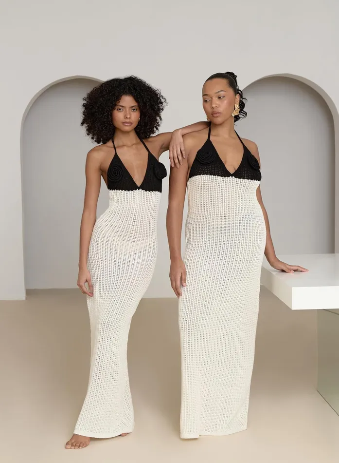 Women Cream And Black Knit Corsage Maxi Dress Orchid 4th and Reckless Knitwear