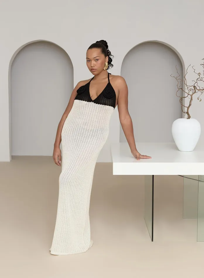 Women Cream And Black Knit Corsage Maxi Dress Orchid 4th and Reckless Knitwear