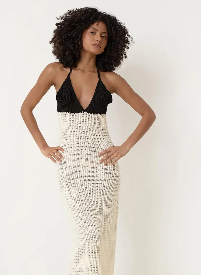 Women Cream And Black Knit Corsage Maxi Dress Orchid 4th and Reckless Knitwear