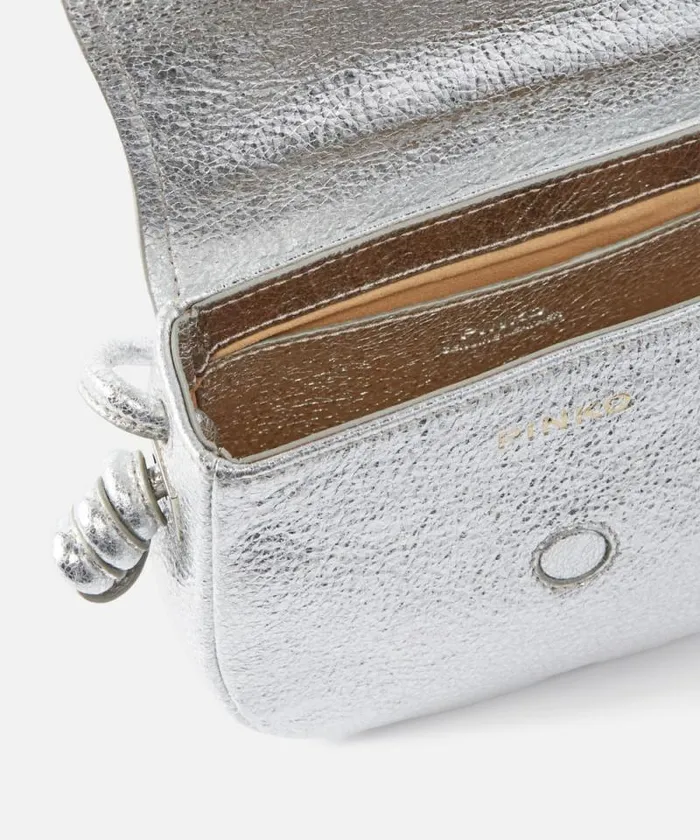 Women Crossbody Bags Pinko Crossbody Micro Saddle Bag In Laminated Leather Silverbrushed Silver