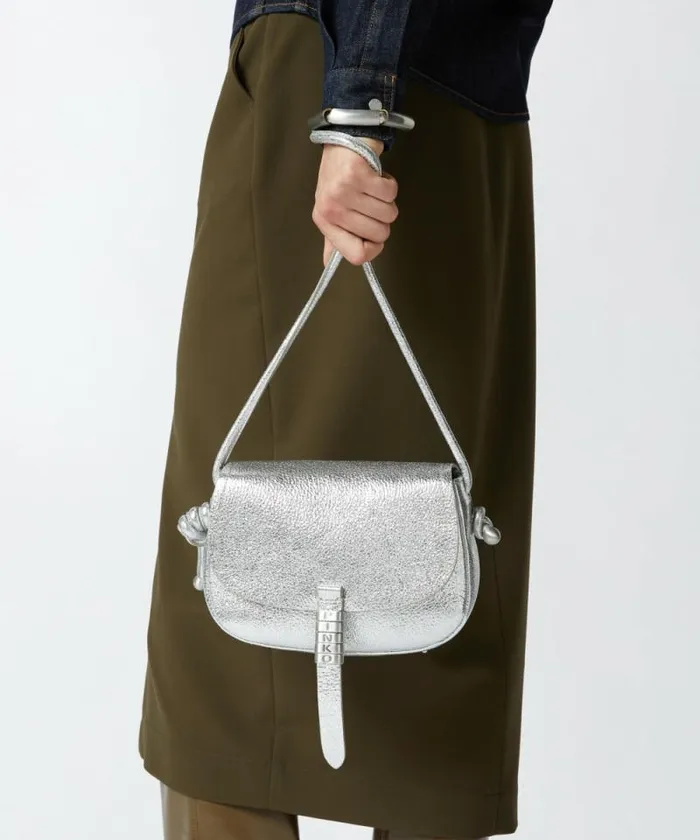 Women Crossbody Bags Pinko Crossbody Mini Saddle Bag In Laminated Leather Silverbrushed Silver