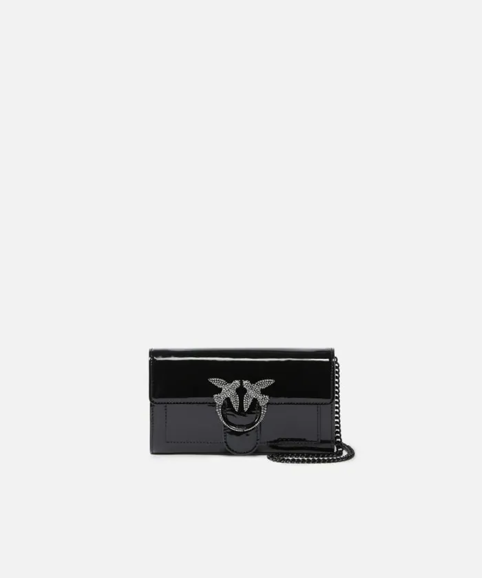Women Crossbody Bags Pinko Patent Leather Bird Buckle Wallet With Shoulder Strap Limo Black Block Colour Women Crossbody Bags Pinko Patent Leather Bird Buckle Wallet With Shoulder Strap Limo Black Block Colour
