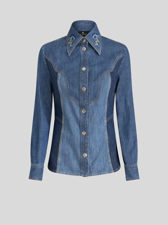 Women Denim Shirt With Embroidery Etro Shirts And Blouses