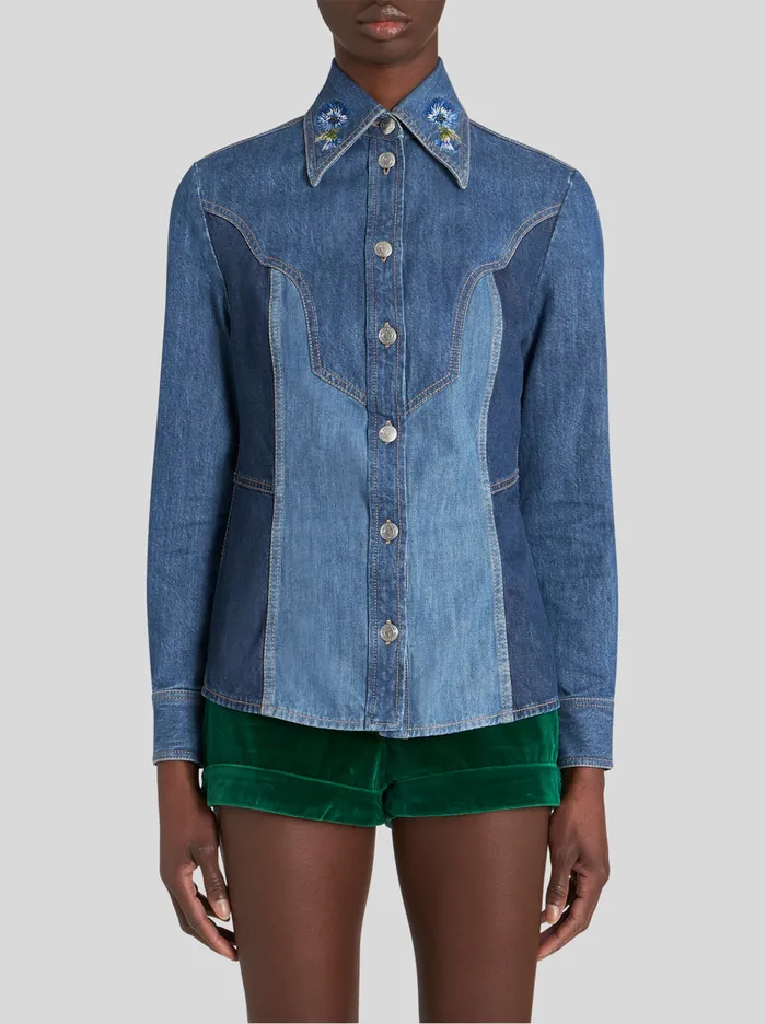 Women Denim Shirt With Embroidery Etro Shirts And Blouses