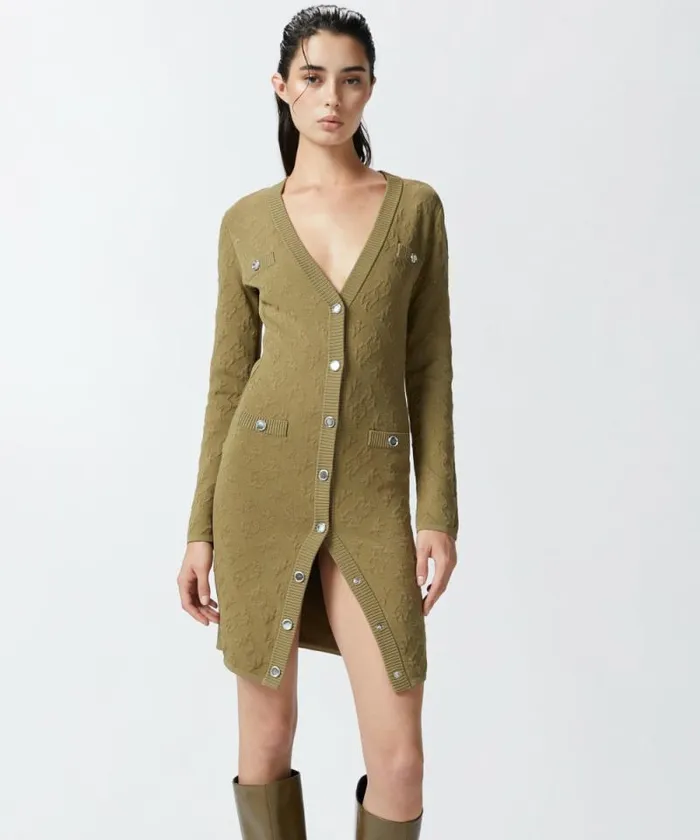 Women Dresses Pinko Jacquard Logo Knitted Cardigan Dress Frosted Green Women Dresses Pinko Jacquard Logo Knitted Cardigan Dress Frosted Green
