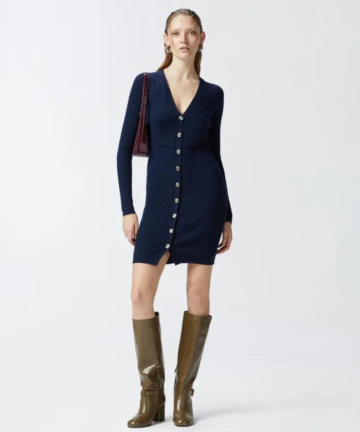 Women Dresses Pinko Ribbed Wool Mini Dress Dark Navy Blue