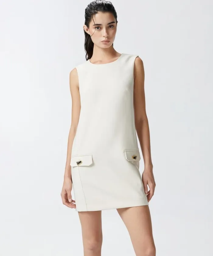 Women Dresses Pinko Short Sleeveless Dress With Front Flaps Fog Beige Women Dresses Pinko Short Sleeveless Dress With Front Flaps Fog Beige