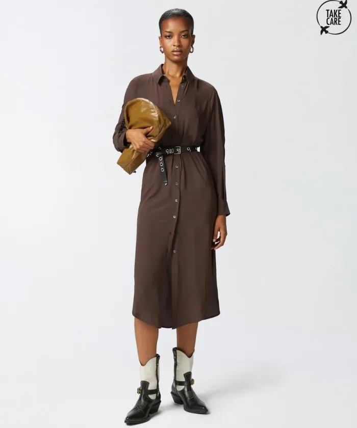 Women Dresses Pinko Silkblend Midi Shirt Dress Brownafrica Earth