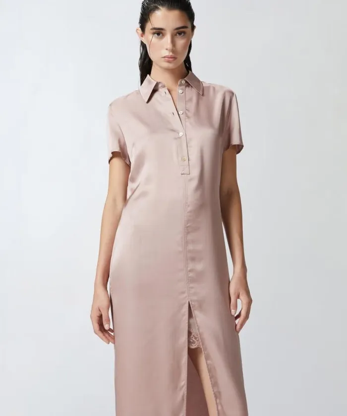 Women Dresses Pinko Washed Satin Midi Polo Dress Zephyr Pink Women Dresses Pinko Washed Satin Midi Polo Dress Zephyr Pink