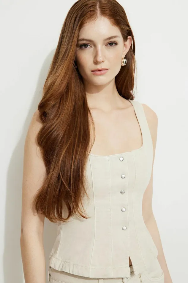 Women Dynamite Blouses and Tops Snap Front Denim Corset Top Beige