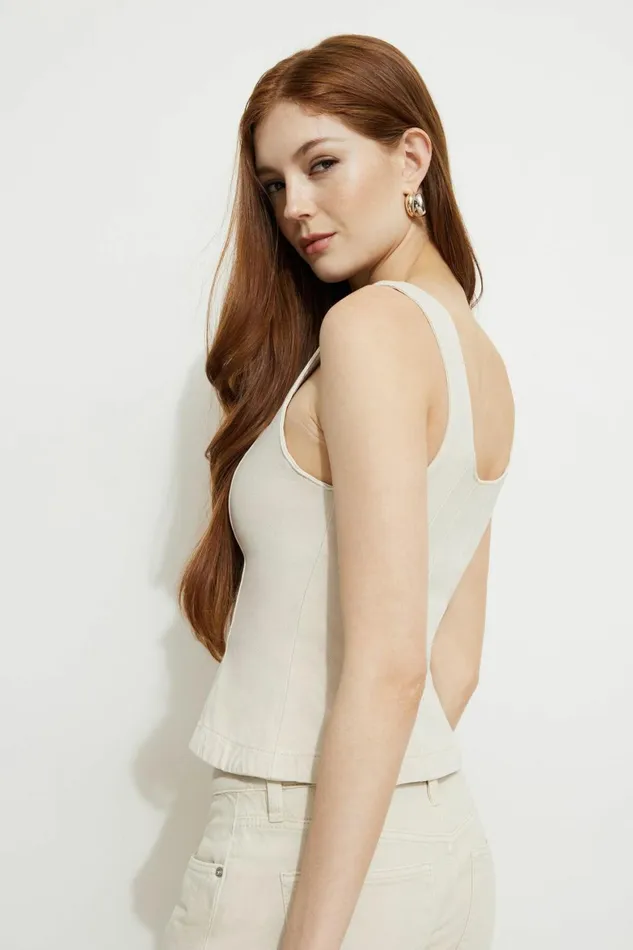 Women Dynamite Blouses and Tops Snap Front Denim Corset Top Beige