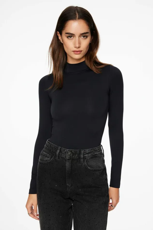 Women Dynamite Bodysuits Quinn Long Sleeve Mock Neck Bodysuit Black