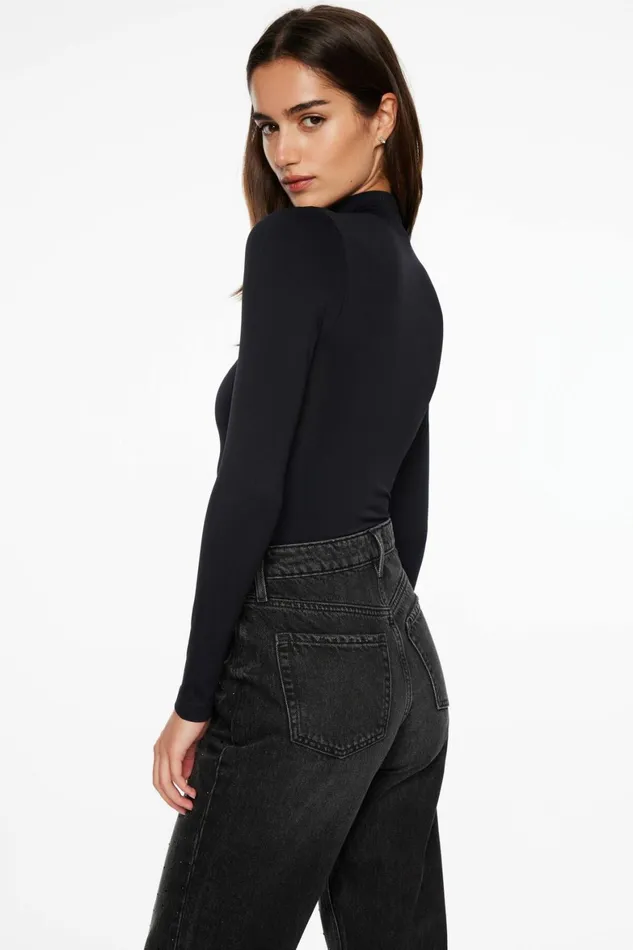 Women Dynamite Bodysuits Quinn Long Sleeve Mock Neck Bodysuit Black