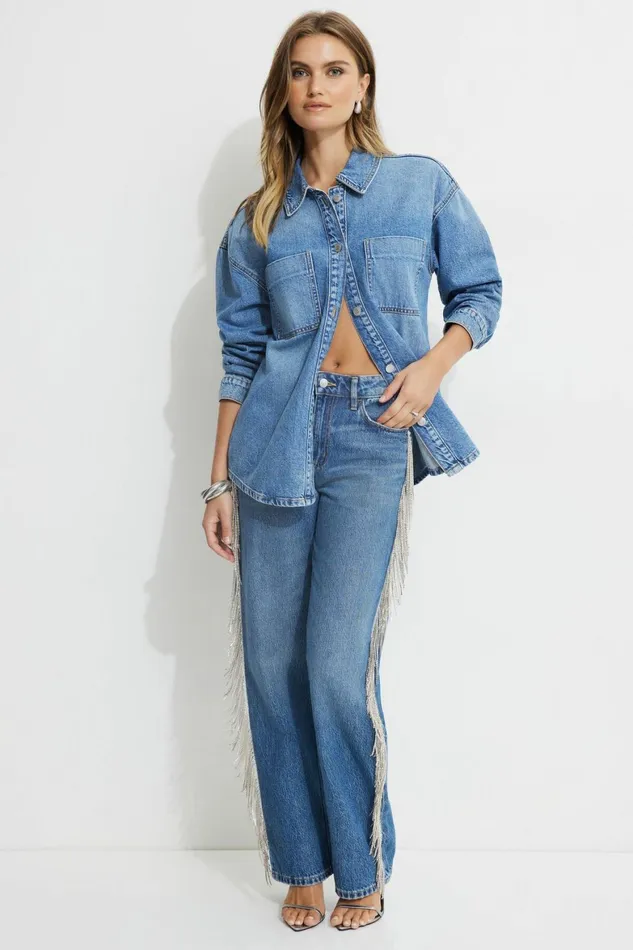 Women Dynamite Jeans and Denim Mika Rhinestone Fringe Relaxed Straight Jeans Blue