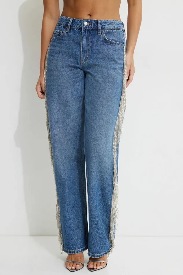 Women Dynamite Jeans and Denim Mika Rhinestone Fringe Relaxed Straight Jeans Blue