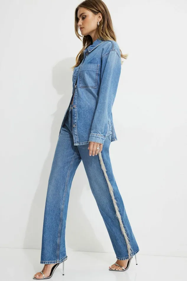 Women Dynamite Jeans and Denim Mika Rhinestone Fringe Relaxed Straight Jeans Blue