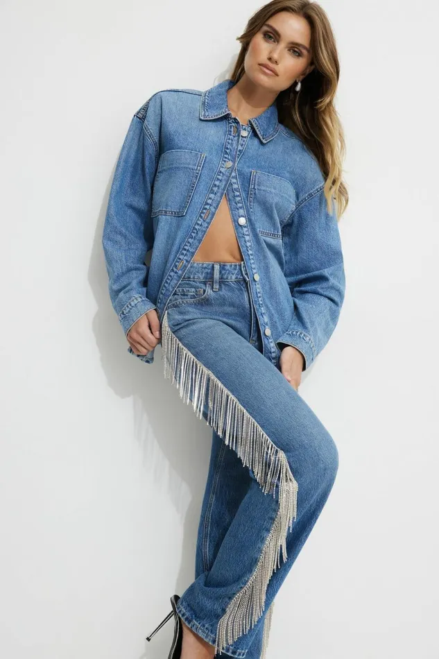 Women Dynamite Jeans and Denim Mika Rhinestone Fringe Relaxed Straight Jeans Blue