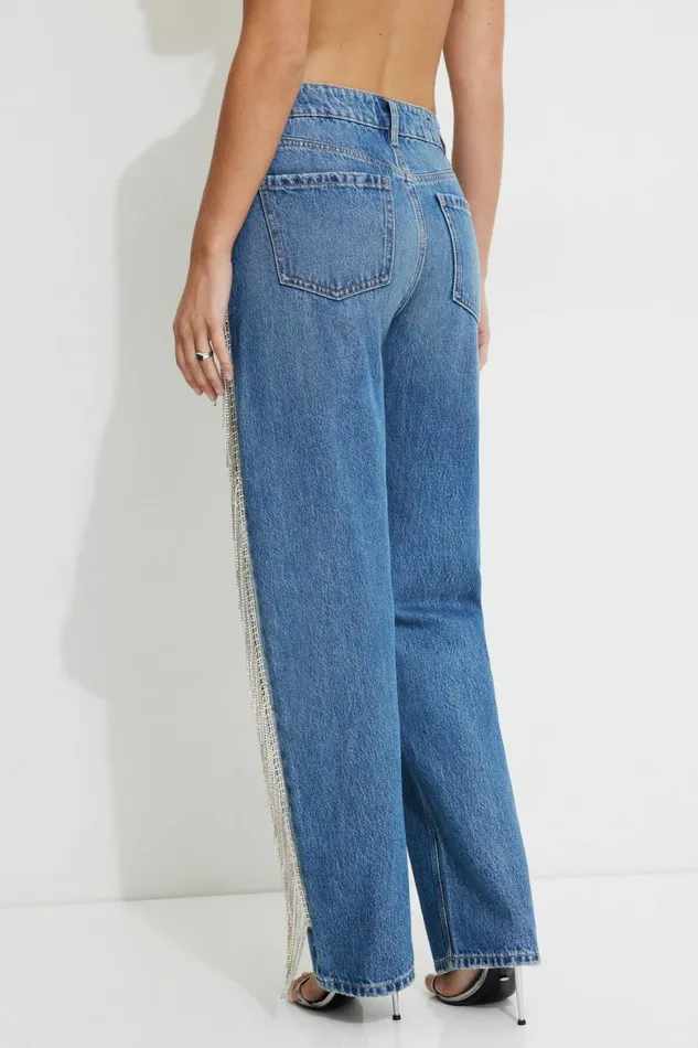 Women Dynamite Jeans and Denim Mika Rhinestone Fringe Relaxed Straight Jeans Blue