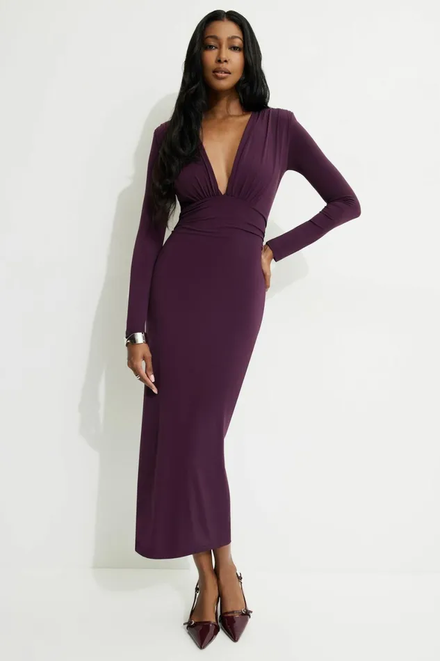Women Dynamite Midi and Maxi Dresses Deep V Maxi Dress BURGUNDY
