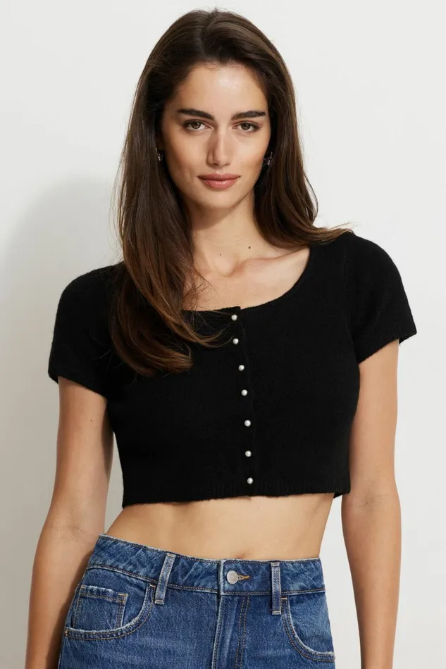 Women Dynamite Short Sleeve Tops Heavenlyarn Billy Pearl Button Cardigan Black