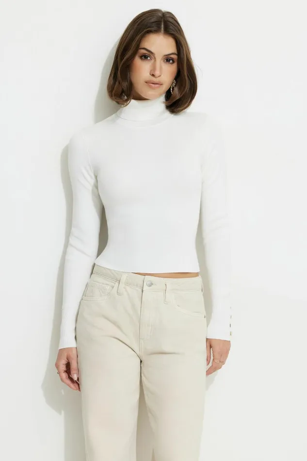 Women Dynamite Tops Button Cuff Turtleneck Sweater White