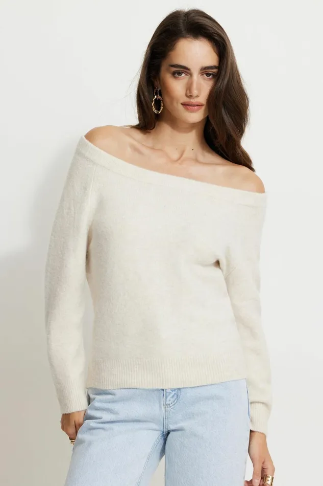 Women Dynamite Tops Heavenlyarn Off Shoulder Sweater Beige