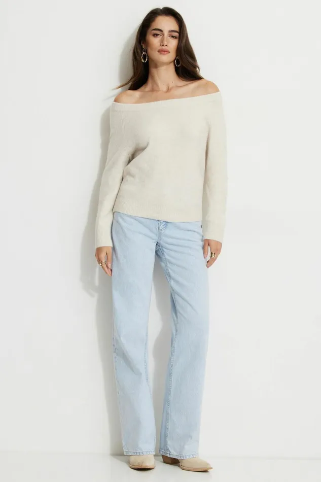 Women Dynamite Tops Heavenlyarn Off Shoulder Sweater Beige